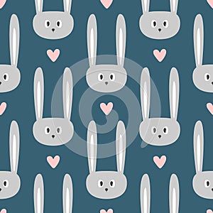 Repeated faces of sweet rabbits and hearts. Cute seamless pattern.
