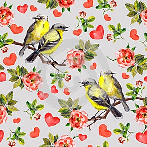 Repeated floral pattern with flowers roses, song birds, hearts for Valentine day. Watercolor