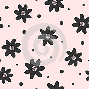 Repeated flowers and round dots. Cute floral seamless pattern.