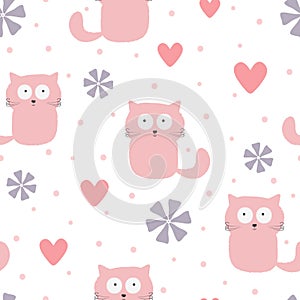 Repeated funny cats, hearts, flowers and polka dots. Cute baby seamless pattern.