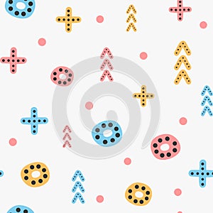 Repeated geometric shapes drawn by hand. Cute colorful seamless pattern for children.