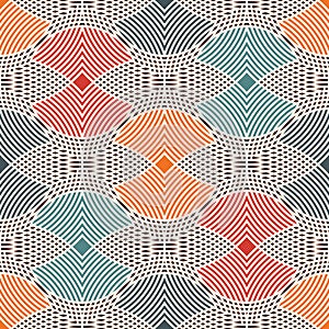 Repeated hatched overlapping circles seamless pattern. Openwork surface texture. Round links motif. Delicate background