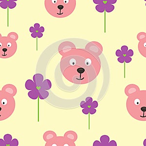 Repeated heads of funny bears and flowers with hearts. Cartoon seamless pattern.