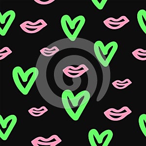 Repeated heart and lips drawn by hand. Doodle seamless pattern.