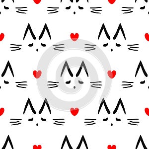 Repeated heart and outline of cat`s head drawn by hand. Cute seamless pattern for children.
