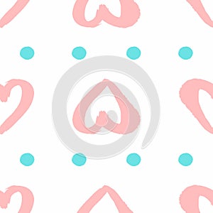 Repeated hearts and circles drawn by hand with rough brush. Cute romantic seamless pattern. Sketch, grunge, watercolor, paint.