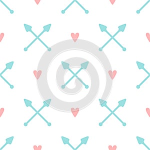 Repeated hearts and crossed arrows. Lovely romantic seamless pattern. Endless cute print.
