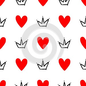 Repeated hearts and crowns drawn by hand. Cute seamless pattern. Sketch, doodle, scribble.