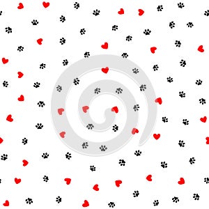 Repeated hearts and footprints of animal. Cute seamless pattern.