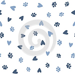 Repeated hearts and footprints of pets. Cute seamless pattern for animals.