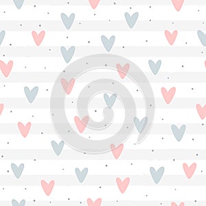 Repeated hearts and round dots on striped background. Romantic seamless pattern.