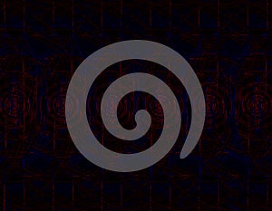 Repeated horizontally circles. Bright red and blue lines, black background. Wall texture, abstract pattern, background.