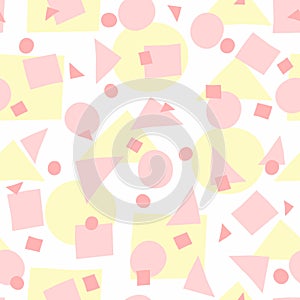 Repeated irregular geometric shapes. Simple girly seamless pattern with uneven circles, triangles and squares.