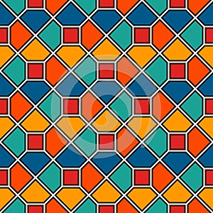 Repeated octagons stained glass mosaic abstract background. Vivid ceramic tiles wallpaper. Seamless surface pattern