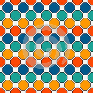 Repeated octagons stained glass mosaic background. Bright ceramic tiles. Seamless pattern with geometric ornament.