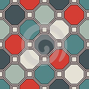 Repeated octagons stained glass mosaic background. Retro ceramic tiles. Seamless pattern with geometric ornament.