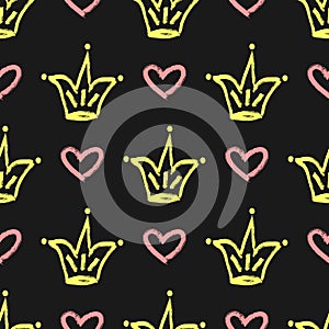 Repeated outlines of crowns and hearts painted with rough brush.