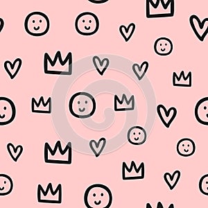 Repeated outlines of crowns, hearts and smiles. Cute seamless pattern for children. Sketch, doodle, scribble.