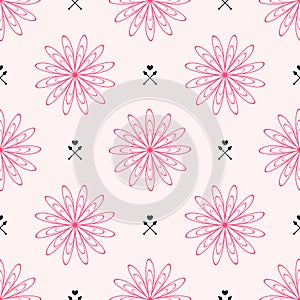 Repeated outlines of flowers and hearts with arrows. Cute floral seamless pattern.