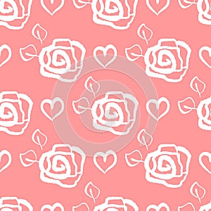 Repeated outlines of flowers of roses and hearts. Flower seamless pattern for women and girls.
