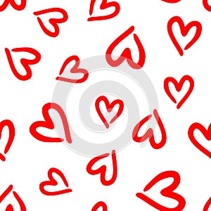 Repeated outlines of hearts drawn by hand. Romantic seamless pattern.