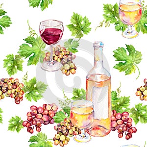 Repeated pattern. Wine glass, bottle, vine leaves, grape berries. Watercolor.