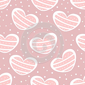 Repeated polka dots and cute hearts. Romantic seamless pattern.