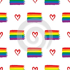 Repeated rainbow LGBT flags and hearts drawn by hand. Seamless pattern for homosexuals.