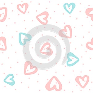 Repeated round dots and hearts drawn by hand with watercolour brush. Cute seamless pattern.
