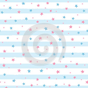 Repeated scattered stars and round dots on uneven striped background. Cute seamless pattern for girls.