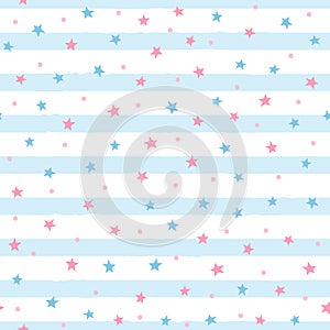 Repeated scattered stars and round dots on uneven striped background. Cute seamless pattern for girls. photo