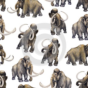 Repeated seamless pattern of a watercolor mammoths