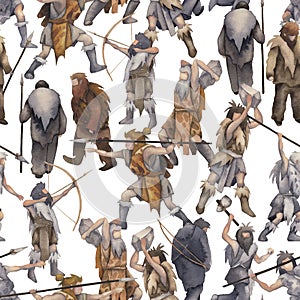 Repeated seamless pattern of a watercolor primordial humans, hunters and warriors