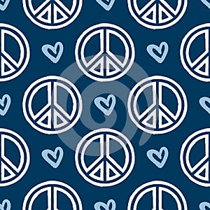 Repeated sign of peace and heart drawn by hand with rough brush. Seamless pattern. Sketch, watercolor, paint.