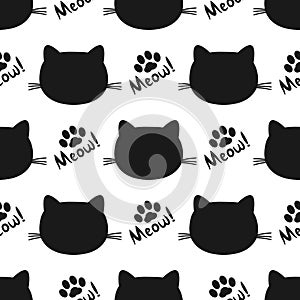 Repeated silhouettes of cat heads and paws. Lettering Meow! Seamless pattern.