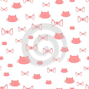 Repeated silhouettes of a cat`s head and bows. Seamless pattern.