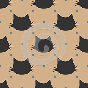 Repeated silhouettes of cat`s heads. Polka dot. Seamless pattern.