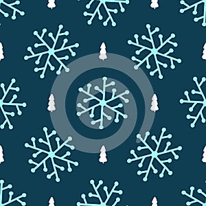 Repeated silhouettes of Christmas trees and snowflakes drawn by hand. New year seamless pattern.