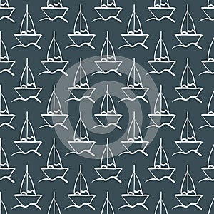 Repeated sketch of the hand of a sailboat on the waves. Seamless pattern.