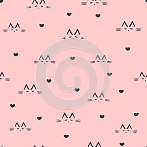 Repeated sketches of a cat`s face and silhouettes of hearts. Cute seamless pattern.