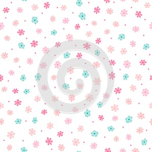 Repeated small cute flowers and round dots. Simple girly floral pattern. Endless feminine print.