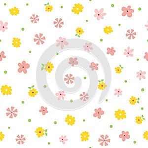 Repeated small flowers, leaves and polka dot. Cute floral seamless pattern.