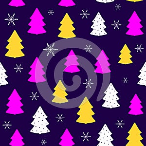 Repeated snowflakes and silhouettes of Christmas trees. Colorful new year seamless pattern.