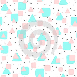 Repeated squares, triangles and irregular polka dots drawn by hand. Cute seamless pattern for children.