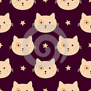 Repeated stars and faces of cats. Cute seamless pattern. Endless print for children.