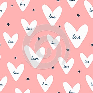 Repeated stars and hearts with handwritten text Love. Romantic seamless pattern.