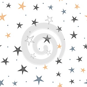 Repeated stars and round dots. Starry seamless pattern for children.