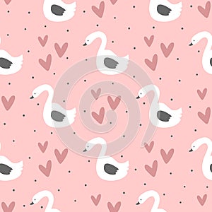 Repeated swans, hearts and round dots. Cute seamless pattern for children.