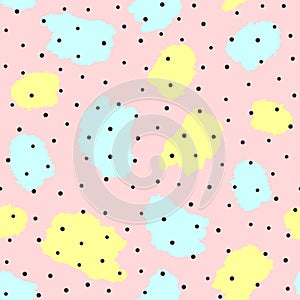 Repeated watercolour blots and irregular polka dot. Cute seamless pattern. Sketch, watercolor, paint.