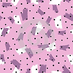 Repeated watercolour brush strokes and round dots. Seamless pattern.